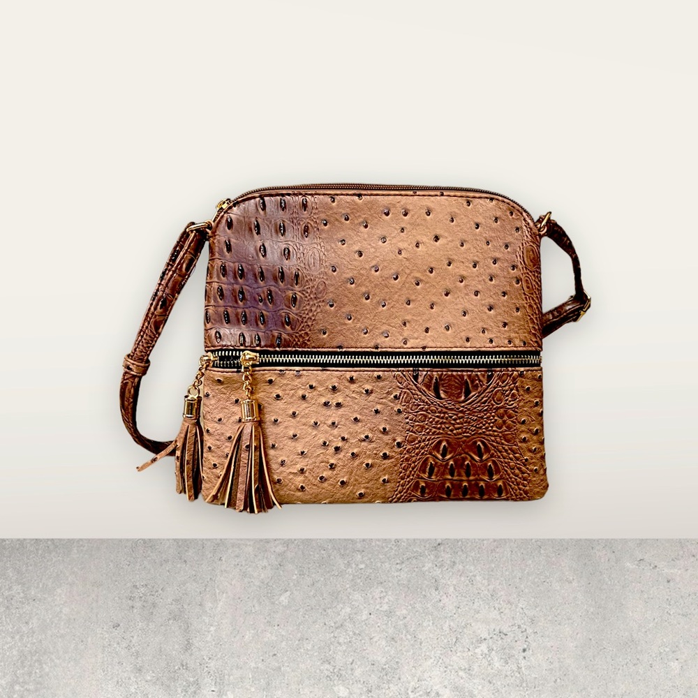 Crossbody Bag in Mocha color. Lead safe and Vegan. Very good looking bag.
